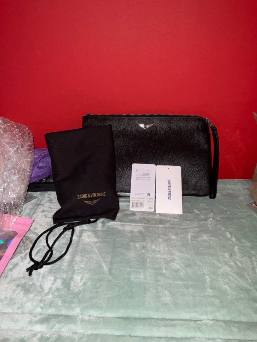 Zadig & Voltaire Black Pebbled Leather Wristlet with Gold Accent